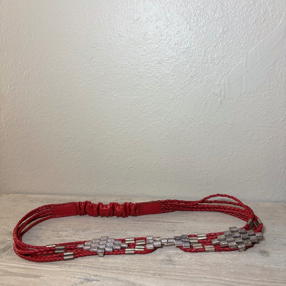 Chicos Red Braided Leather Elastic Waist Belt Silver Metal Accents Boho